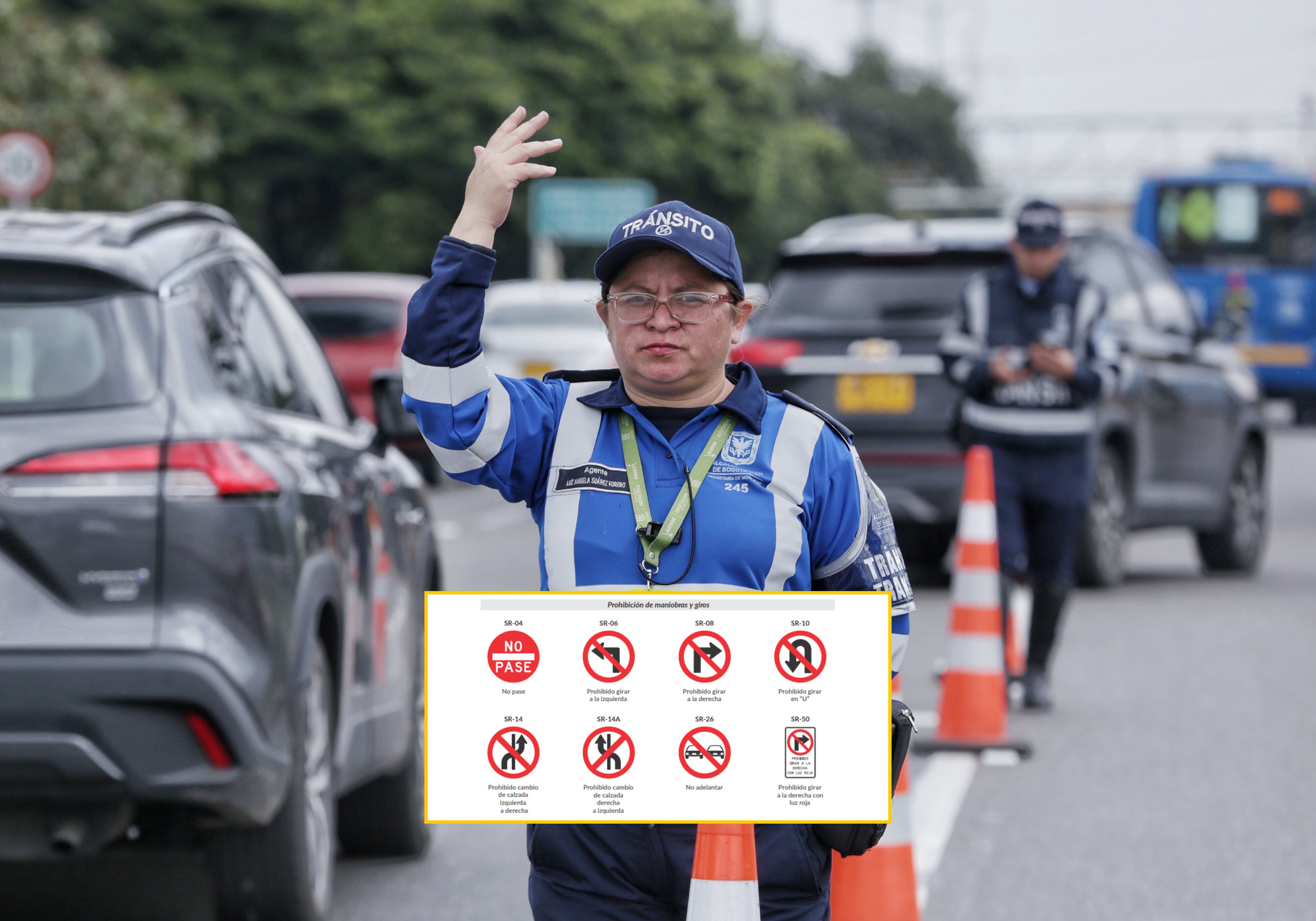 Imagen de una agente de tránsito (Colprensa - Camila Díaz) y las señales de prohibición de maniobras y giros (Captura de pantalla del Manual de Señalización Vial)