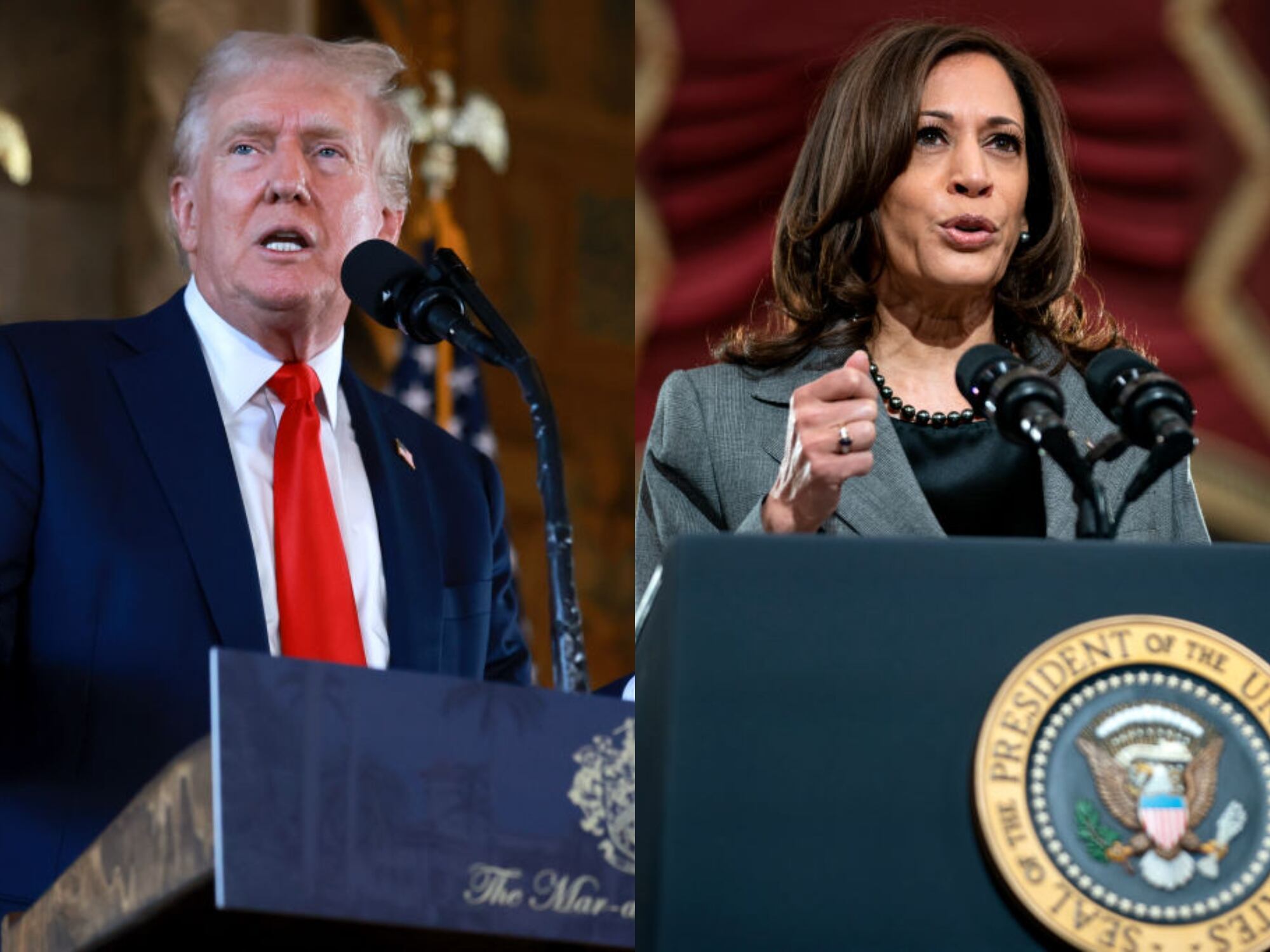 Donald Trump. I Foto: Joe Raedle/Getty Images. Kamala Harris, I Foto: Greg Nash-Pool/Getty Images.