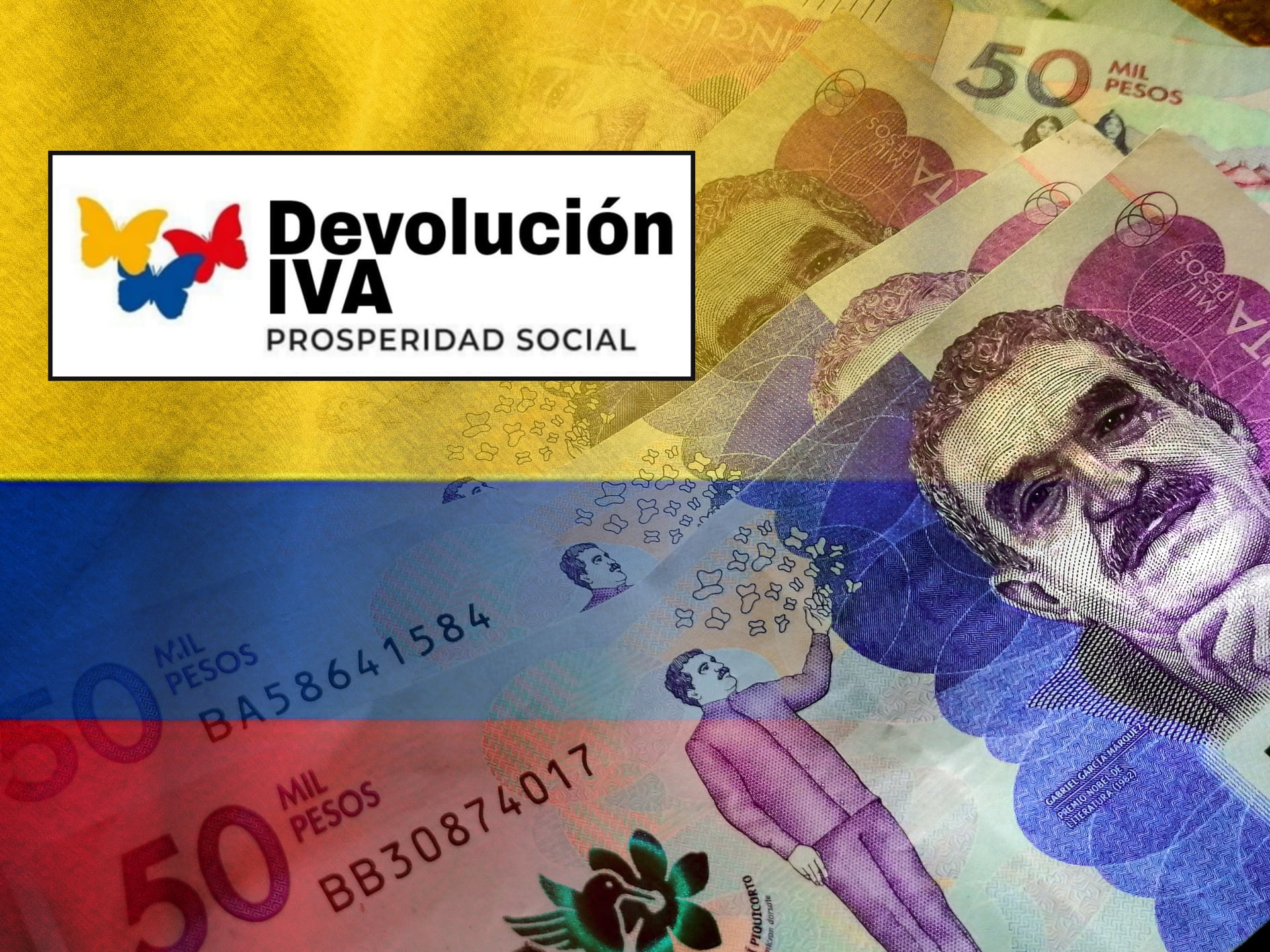 Dinero colombiano junto al logo de Devolución del IVA (GettyImages / redes sociales)