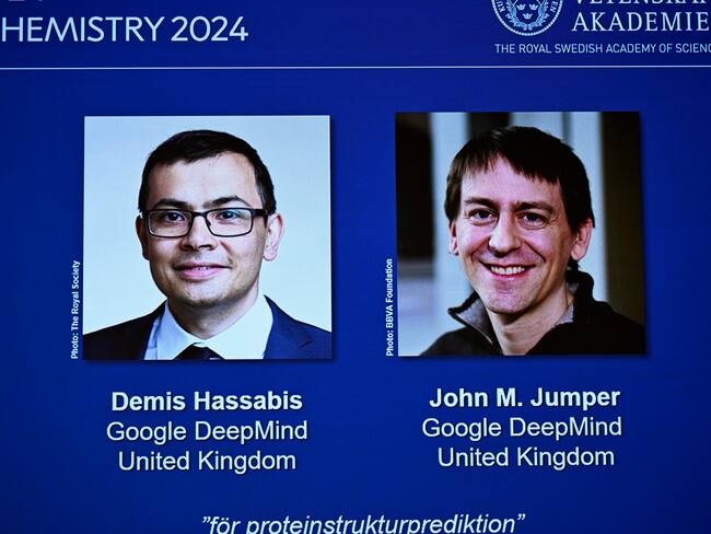 Stockholm (Sweden), 09/10/2024.- A monitor shows the photos of Demis Hassabis and John M. Jumper, two of the three 2024 Nobel Prize in Chemistry winners, during the announcement at the Royal Swedish Academy in Stockholm, Sweden, 09 October 2024. The Royal Swedish Academy of Sciences has decided to award the Nobel Prize in Chemistry 2024 to David Baker (University of Washington, USA) for computational protein design, and to Demis Hassabis (Google DeepMind, UK) and John M Jumper (Google DeepMind, UK) for protein structure prediction, the Nobel statement says. (Suecia, Estocolmo) EFE/EPA/Christine Olsson/TT SWEDEN OUT