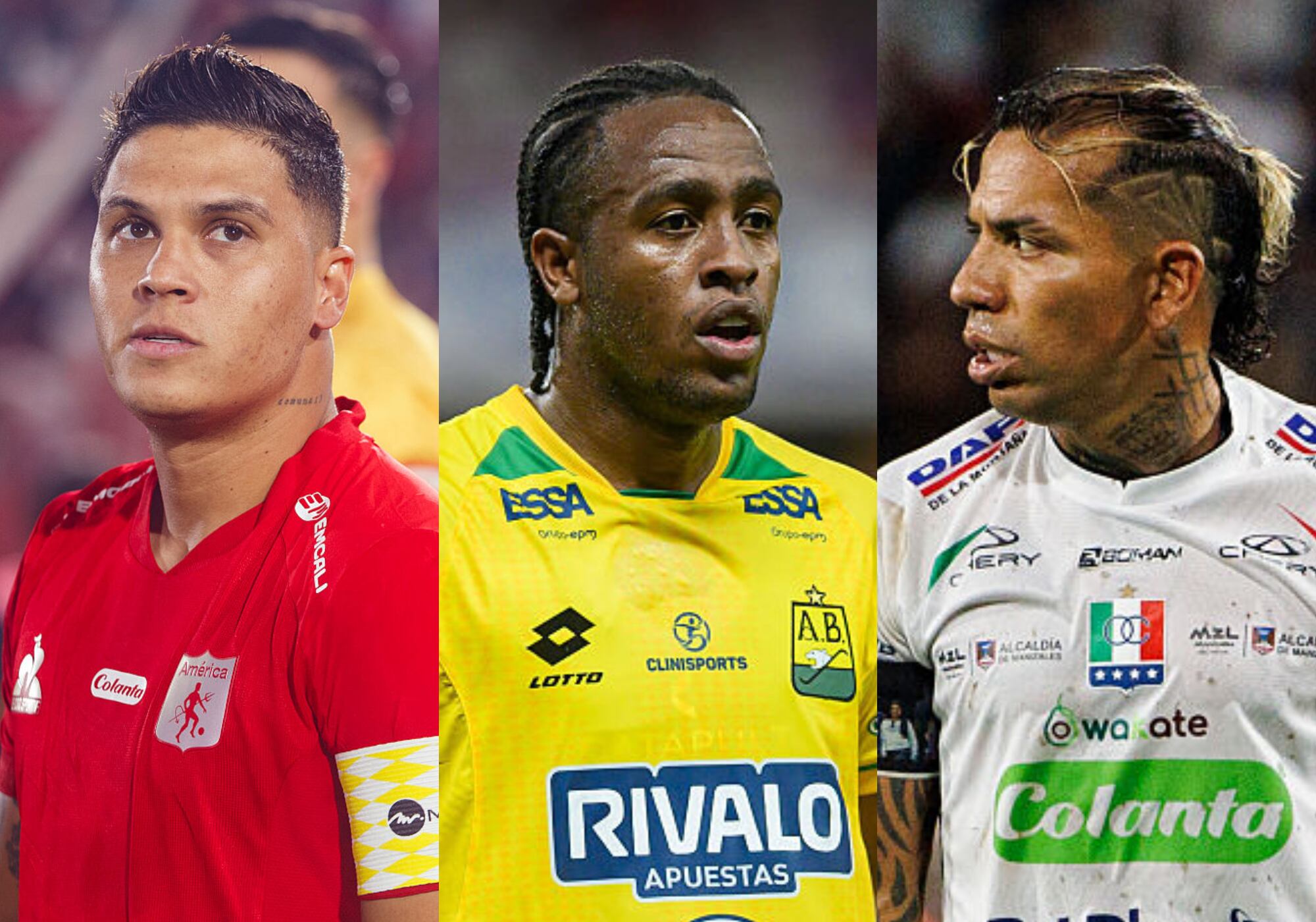 Juan Fernando Quinterto, Kevin Londoño y Dayro Moreno. Foto: (Photo by Patricia Pérez Ferraro/Eurasia Sport Images/Getty Images) /  (Photo by Davi Rocha/Sports Press Photo/Getty Images) / (Photo by Mauricio Duque/Eurasia Sport Images/Getty Images)
