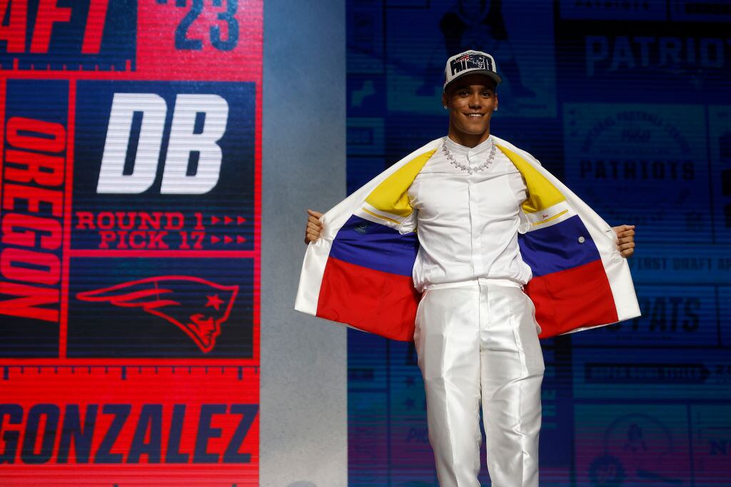 KANSAS CITY, MISSOURI - APRIL 27: Christian Gonzalez poses after being selected 17th overall by the New England Patriots during the first round of the 2023 NFL Draft at Union Station on April 27, 2023 in Kansas City, Missouri. (Photo by David Eulitt/Getty Images)