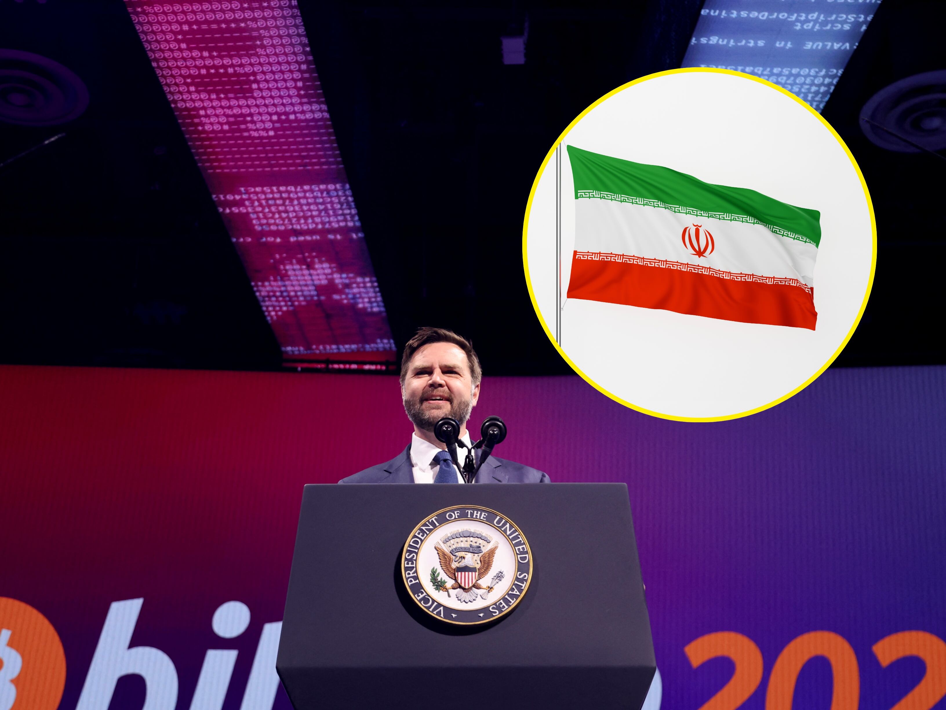 Vicepresidente de EE.UU., JD Vance y bandera de Irán. Foto: IAN MAULE/AFP/ Wong Yu Liang via Getty Images.