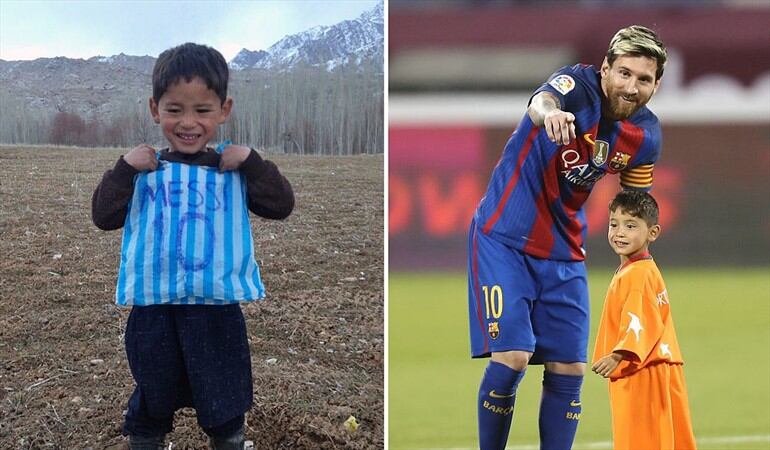 Murtaza Ahmadi, el niño afgano que se hizo famoso por usar la camiseta plástica de Messi, pide ayuda para salir de su país. Foto: Getty Images /  STR / Fotógrafo autónomo