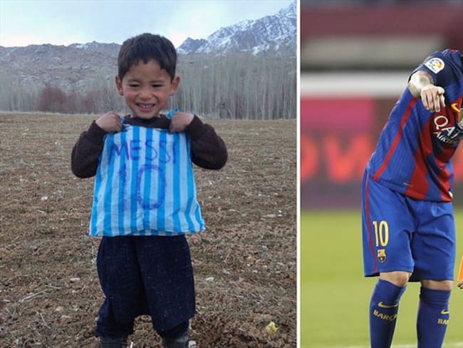 Murtaza Ahmadi, el niño afgano que se hizo famoso por usar la camiseta plástica de Messi, pide ayuda para salir de su país. Foto: Getty Images /  STR / Fotógrafo autónomo