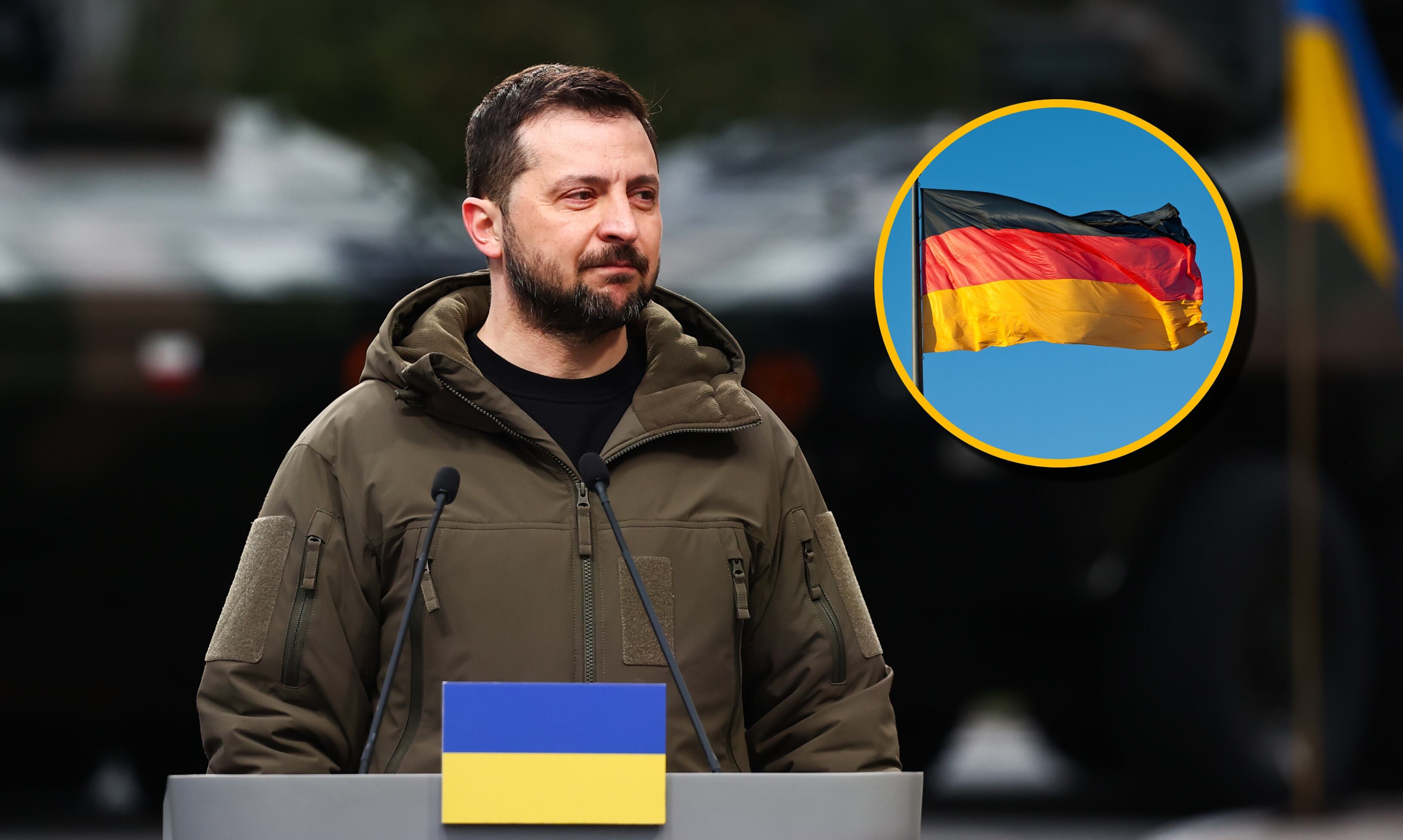 Zelenski y bandera de Alemania. Foto:  Jakub Porzycki/NurPhoto y Caspar Benson vía Getty Images.