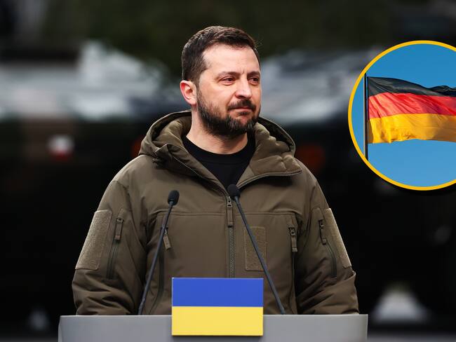 Zelenski y bandera de Alemania. Foto: Jakub Porzycki/NurPhoto y Caspar Benson vía Getty Images.