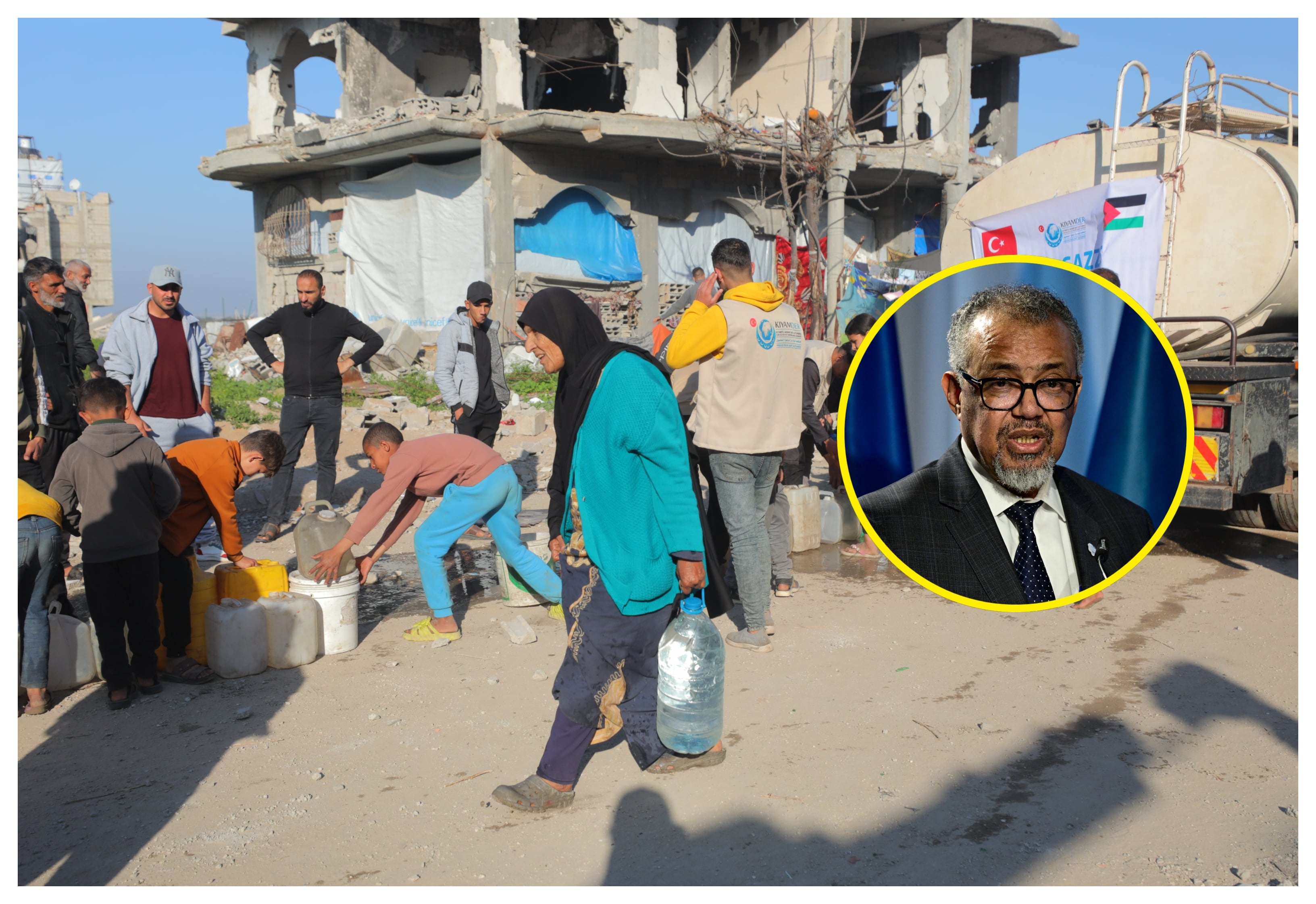 Referencia de ayuda humanitaria en Gaza y Tedros Adhanom Ghebreyesus. Foto: Hassan Jedi/Anadolu via Getty Images.