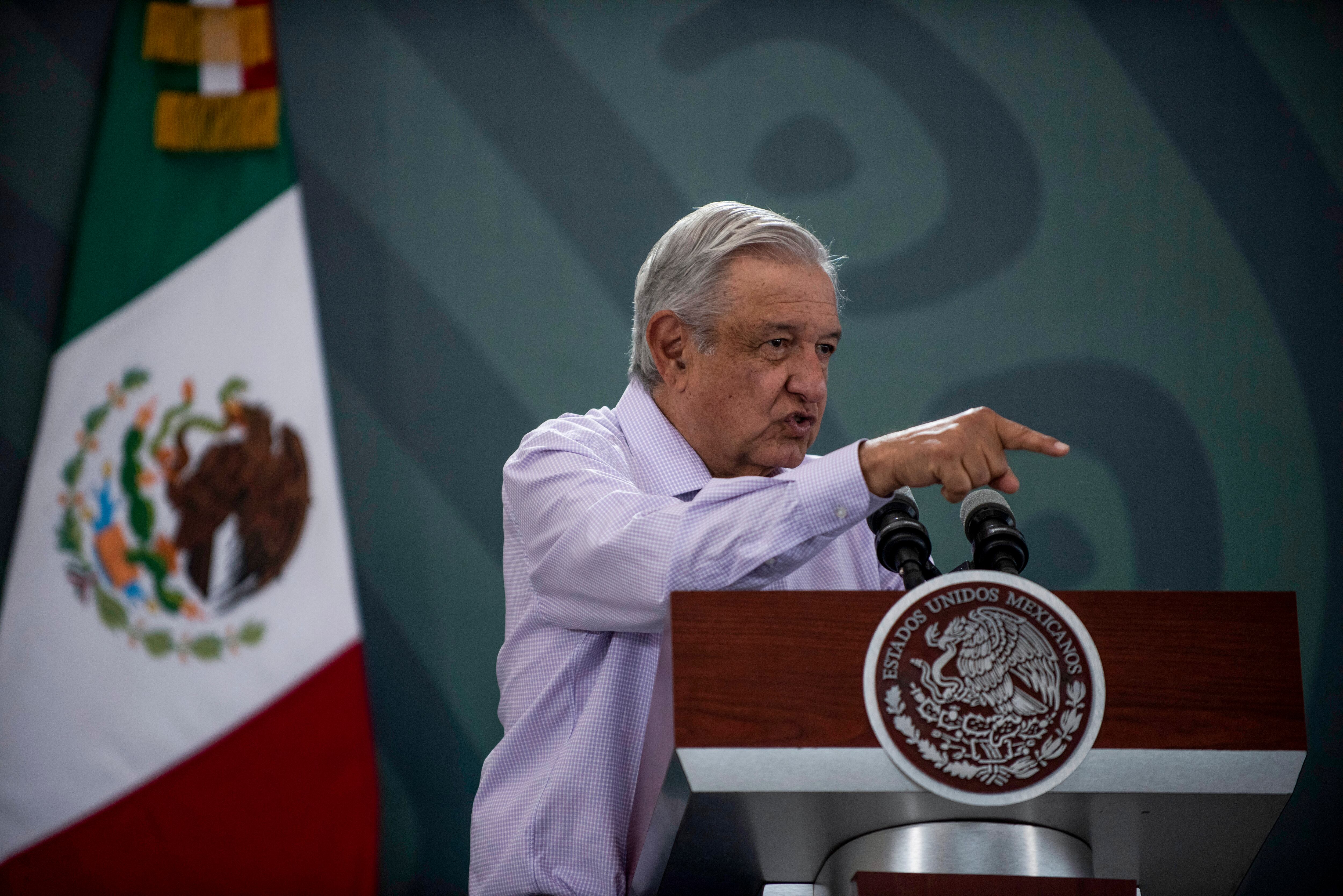 COLIMA, MEXICO - NOVEMBER 11: President of Mexico Andrés Manuel López Obrador speaks during the Security conference on November 11, 2021 in Colima, Mexico. (Photo by Leonardo Montecillo/Agencia Press South/Getty Images)