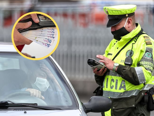 Policía de tránsito revisando papeles a un conductor. En el círculo, billetes de 50 mil pesos colombianos (Fotos vía Colprensa y GettyImages)