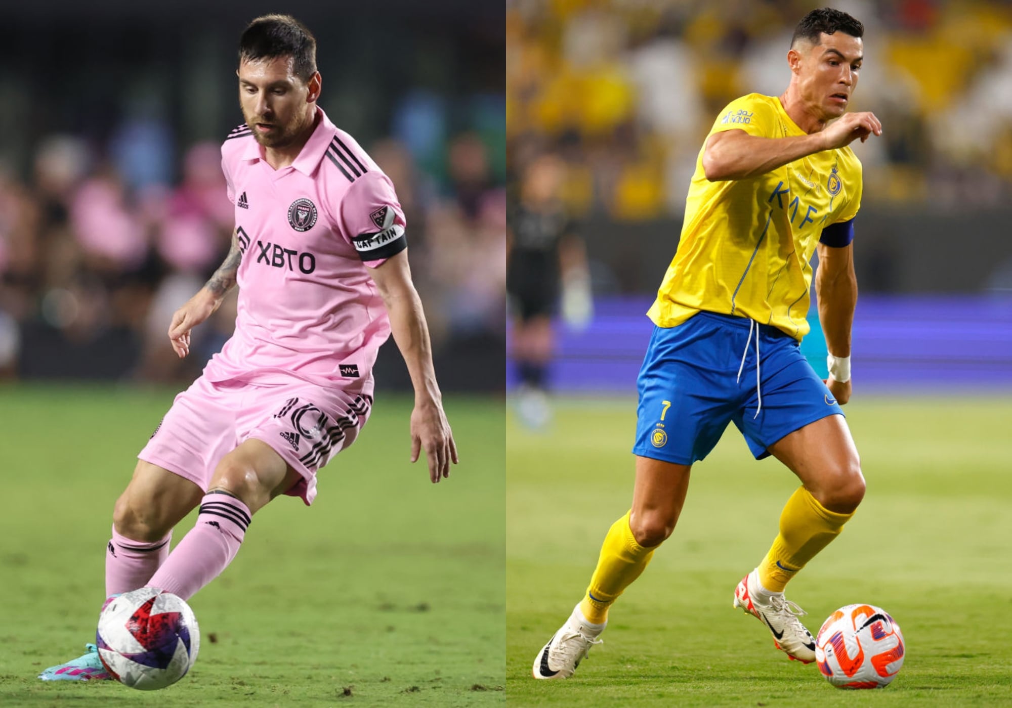 Lionel Messi en el Inter Miami (izquierda) y Cristiano Ronaldo en el Al Nassr (derecha). Foto: Getty Images.