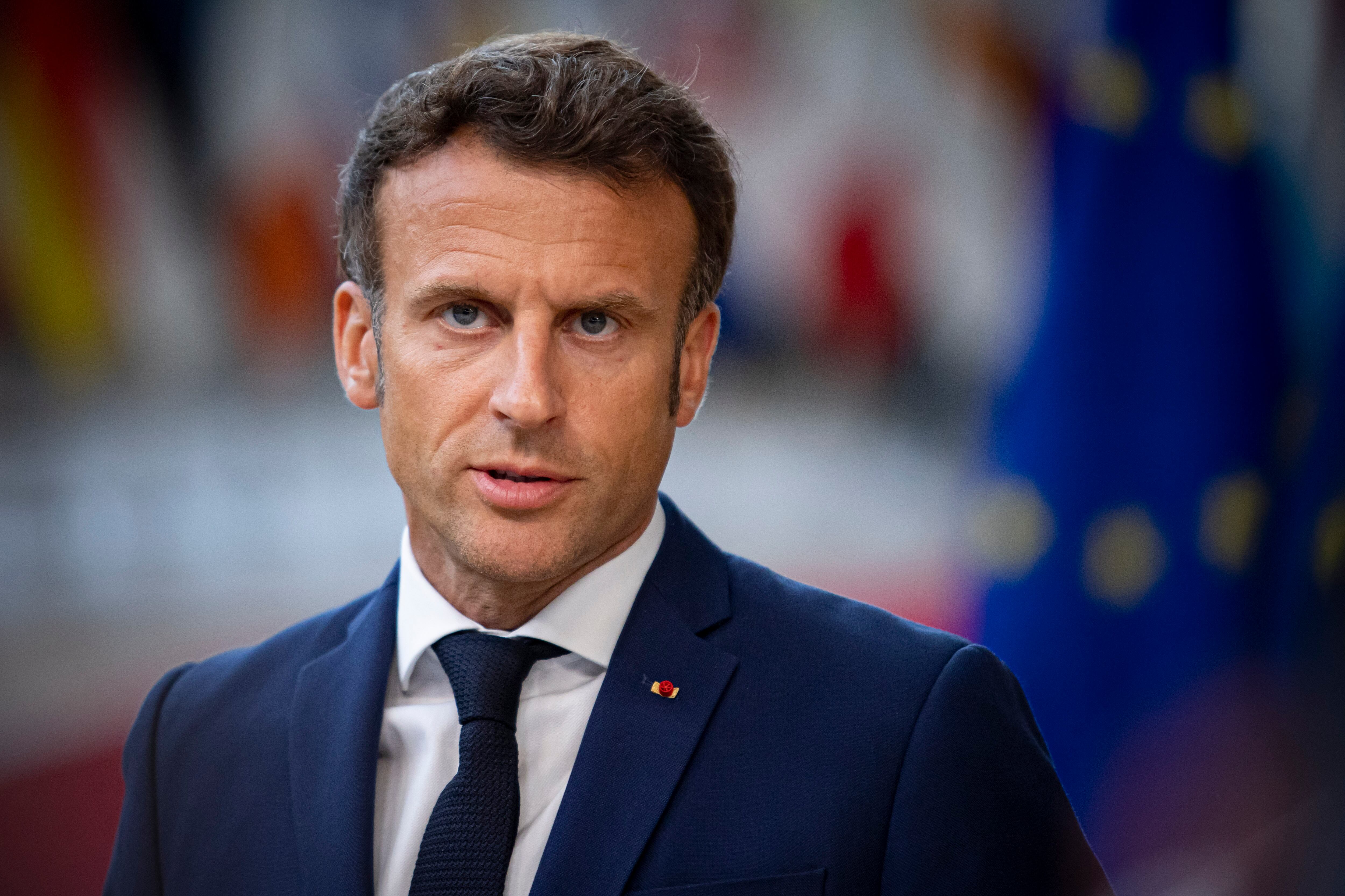 Emmanuel Macron President of the Republic of France talks to the media after the end of the 2-day extraordinary special EU summit about Ukraine, Energy and Defense, agreeing on a sixth wave of sanctions against Russia and Russian oil exports with special pipeline exemptions to Hungary. Meeting of the 27 EU leaders at the European Council in Brussels, Belgium on May 31, 2022 (Photo by Nicolas Economou/NurPhoto via Getty Images)
