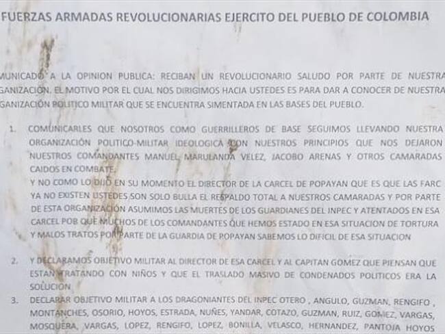 El escrito fue abandonado en las afueras del Centro Penitenciario de Mediana y Máxima Seguridad San Isidro . Foto: Suministrada