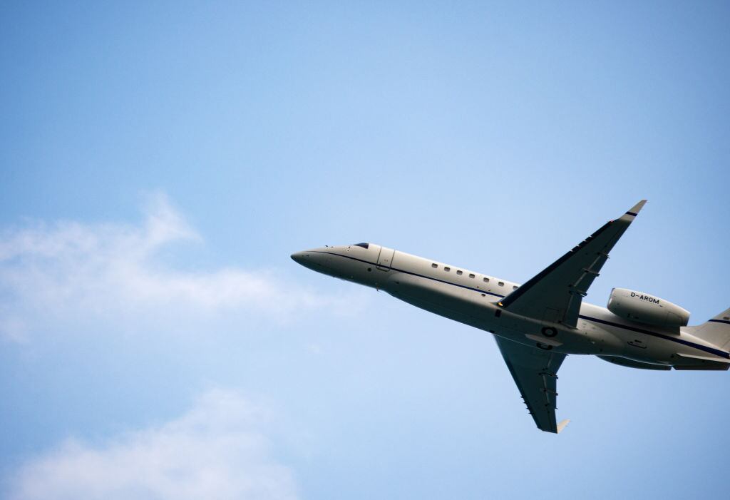 Aviation Group Embraer EMB-135BJ Legacy 650 with registration D-AROM aircraft flies in the blue sky. (Photo by Igor Golovniov/SOPA Images/LightRocket via Getty Images)