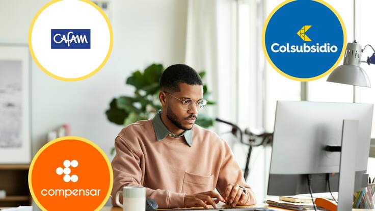 Hombre usando computador para hacer consultas. En los círculos, logos de Colsubsidio, Cafam y Compensar, cajas de compensación (GettyImages / Redes sociales)
