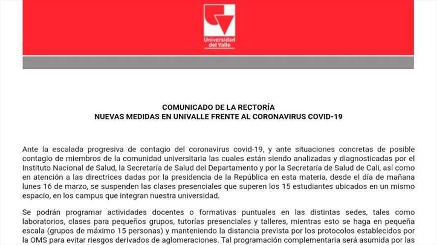 Pese a la suspensión de las clases, las sedes de Univalle abrirán sus puertas y los funcionarios, empleados, profesores y contratistas seguirán asistiendo a sus labores. Foto: Twitter: UnivalleCol