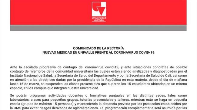Pese a la suspensión de las clases, las sedes de Univalle abrirán sus puertas y los funcionarios, empleados, profesores y contratistas seguirán asistiendo a sus labores. Foto: Twitter: UnivalleCol
