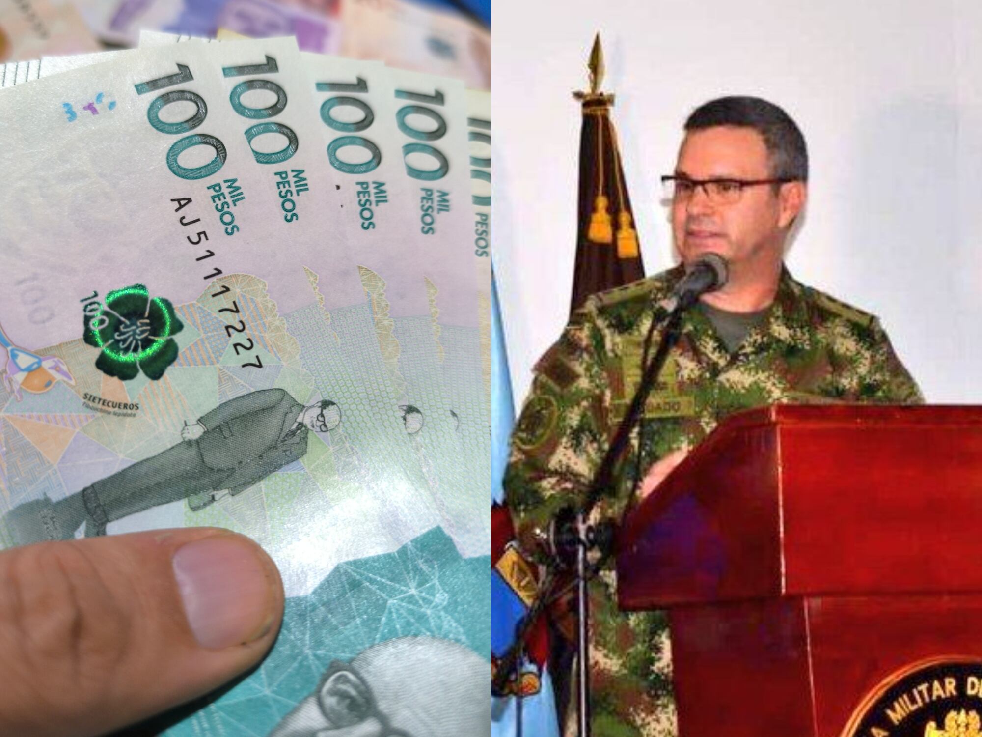 Dinero y general Jorge Salgado. Fotos: Getty Images / X @ejercito_cedoc