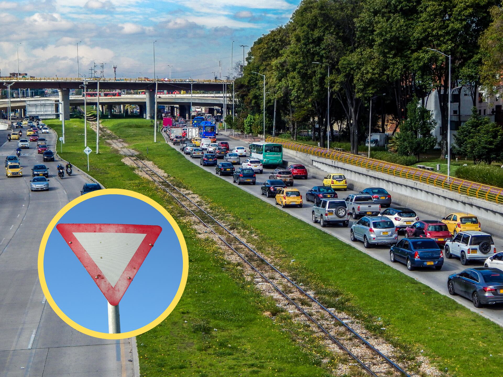 Vehículos en Bogotá, encima la señal de 'ceda el paso' (GettyImages)