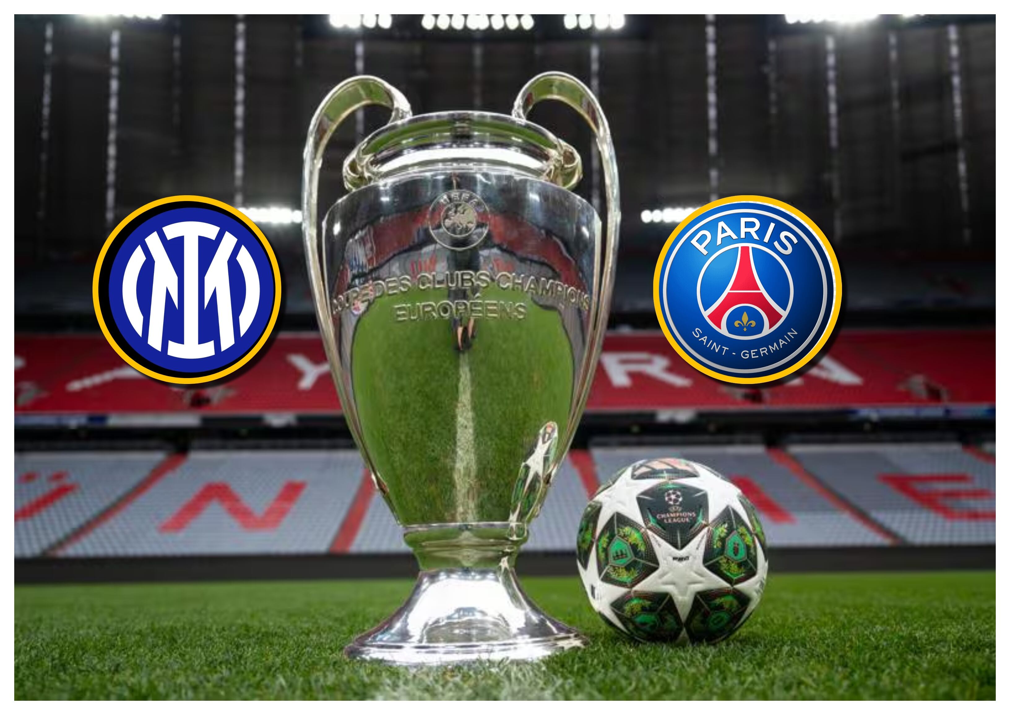 Referencia de trofeo de la Champions y logos del PSG e Inter. Foto: UEFA vía Getty Images, PSG e Inter de Milán. 