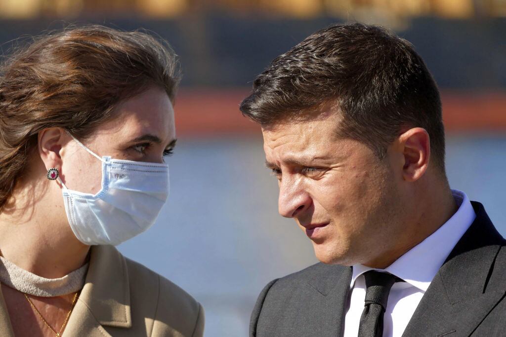 ODESA, UKRAINE - SEPTEMBER 12, 2020 - President of Ukraine Volodymyr Zelenskyy and his spokesperson Iuliia Mendel are pictured during the meeting with the press at the port of Odesa, southern Ukraine. - PHOTOGRAPH BY Ukrinform / Future Publishing (Photo credit should read Yulii Zozulia/ Ukrinform/Future Publishing via Getty Images)