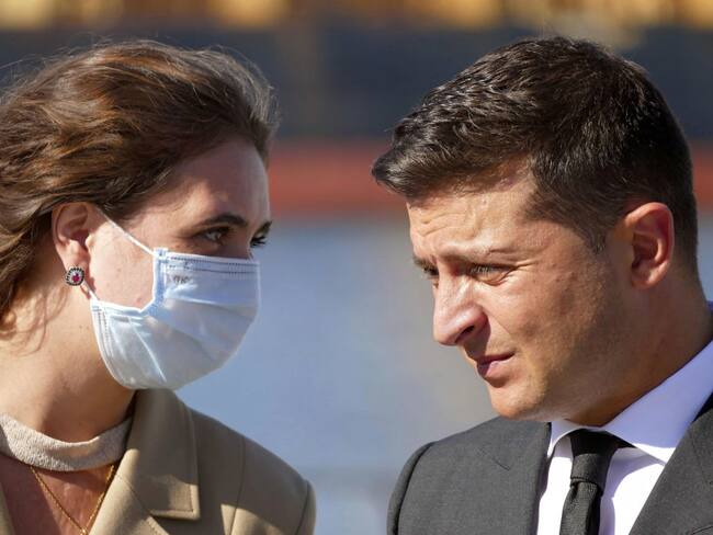 ODESA, UKRAINE - SEPTEMBER 12, 2020 - President of Ukraine Volodymyr Zelenskyy and his spokesperson Iuliia Mendel are pictured during the meeting with the press at the port of Odesa, southern Ukraine. - PHOTOGRAPH BY Ukrinform / Future Publishing (Photo credit should read Yulii Zozulia/ Ukrinform/Future Publishing via Getty Images)
