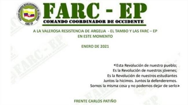 A través de panfletos como este, las disidencias de las Farc han proferido amenazas contra líderes y defensores de derechos humanos en Argelia . Foto: Cortesía