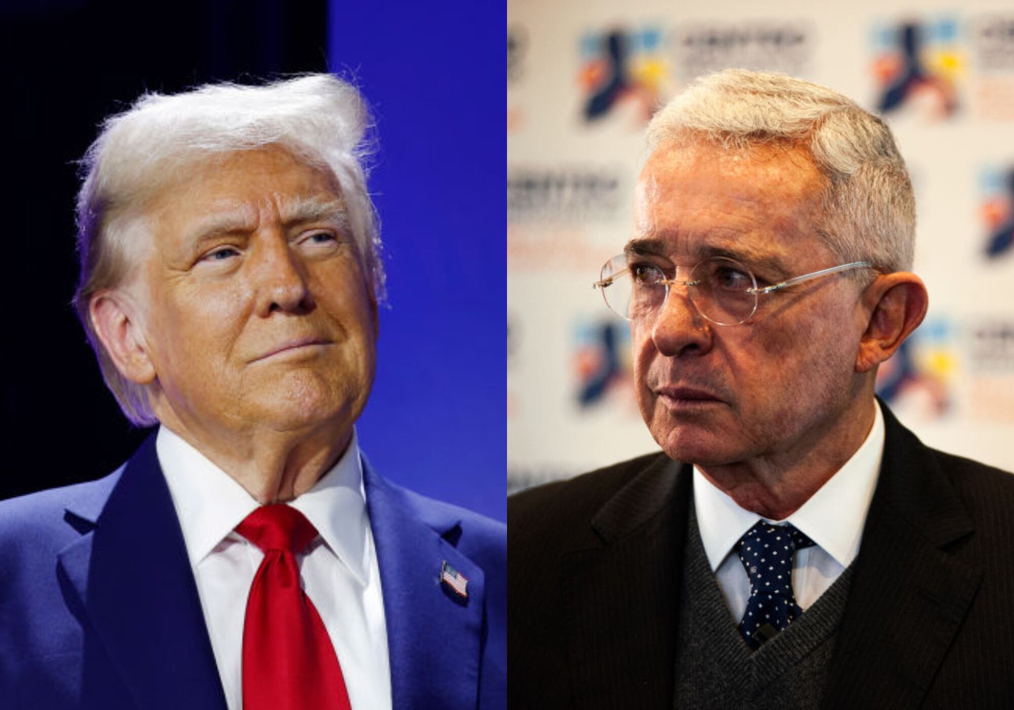 Donald Trump y Álvaro Uribe. Foto: (Photo by Anna Moneymaker/Getty Images) / (Photo by Sebastian Barros/NurPhoto via Getty Images)