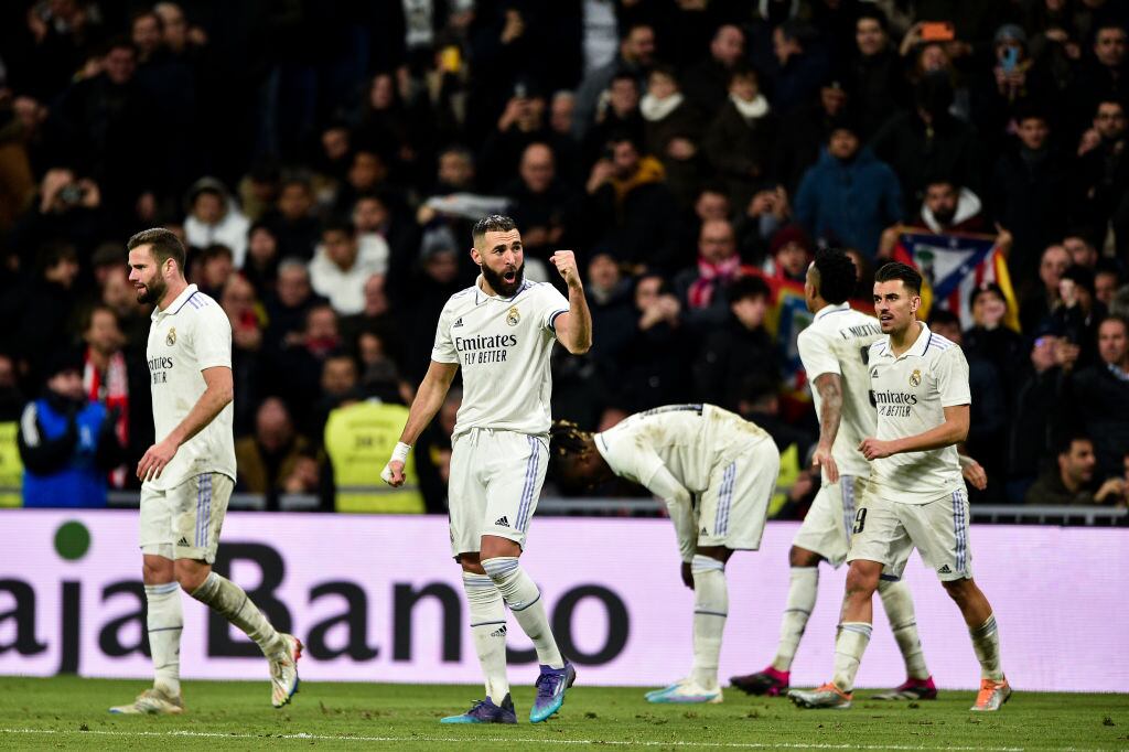 Karim Benzema celebrates a goal during Copa del Rey match between Real Madrid and Atletico de Madrid at Estadio Santiago Bernabeu on January 26, 2023 in Madrid, Spain. (Photo by Ruben de la Fuente Perez/NurPhoto via Getty Images)