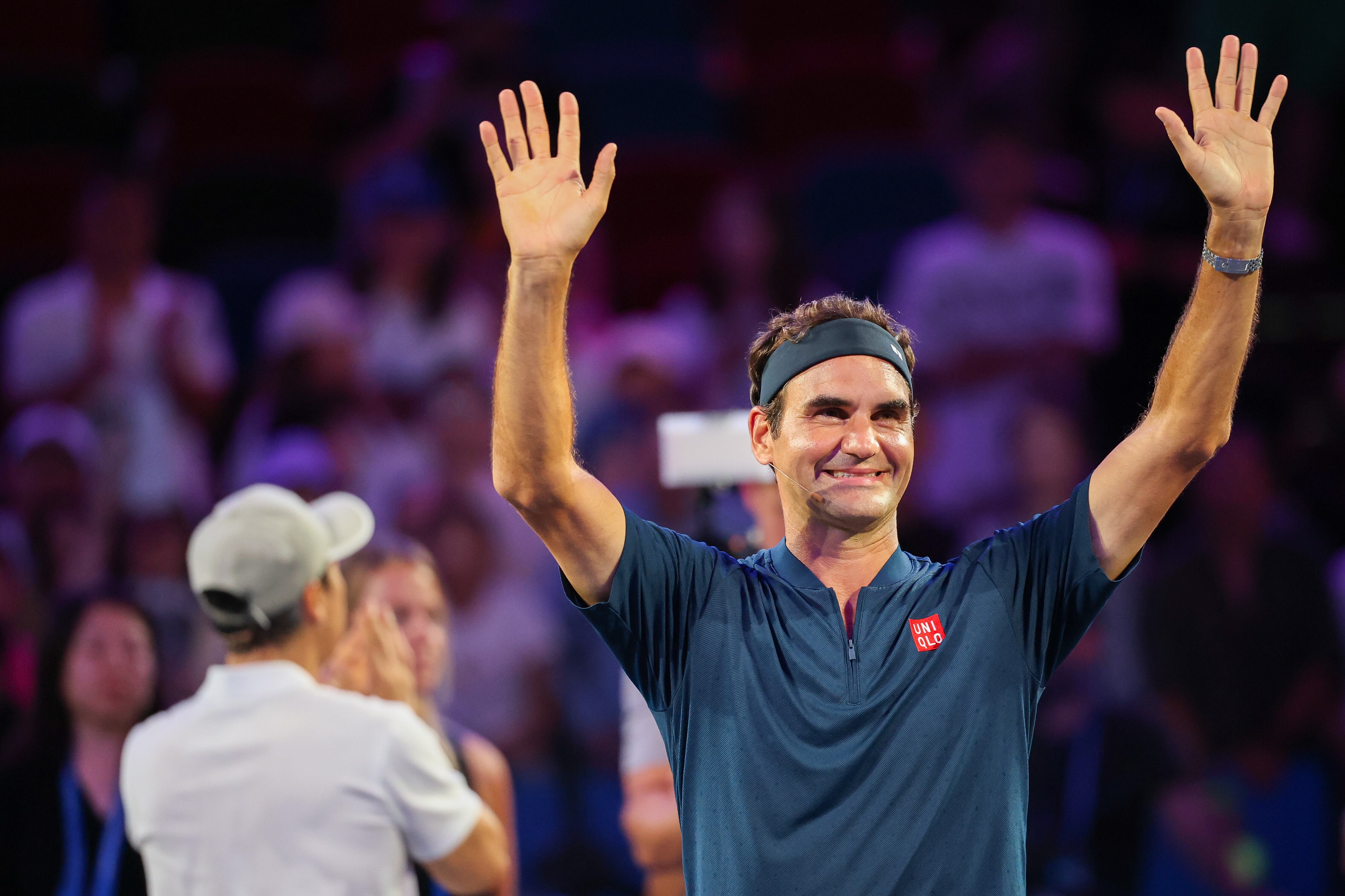 SHANGHAI, CHINA - OCTOBER 10: Roger Federer of Switzerland reacts during the Roger and Friends Celebrity Doubles Match on day 12 of the 2025 Shanghai Rolex Masters at Qi Zhong Tennis Center on October 10, 2025 in Shanghai, China.  (Photo by Qian Jun/MB Media/Getty Images)