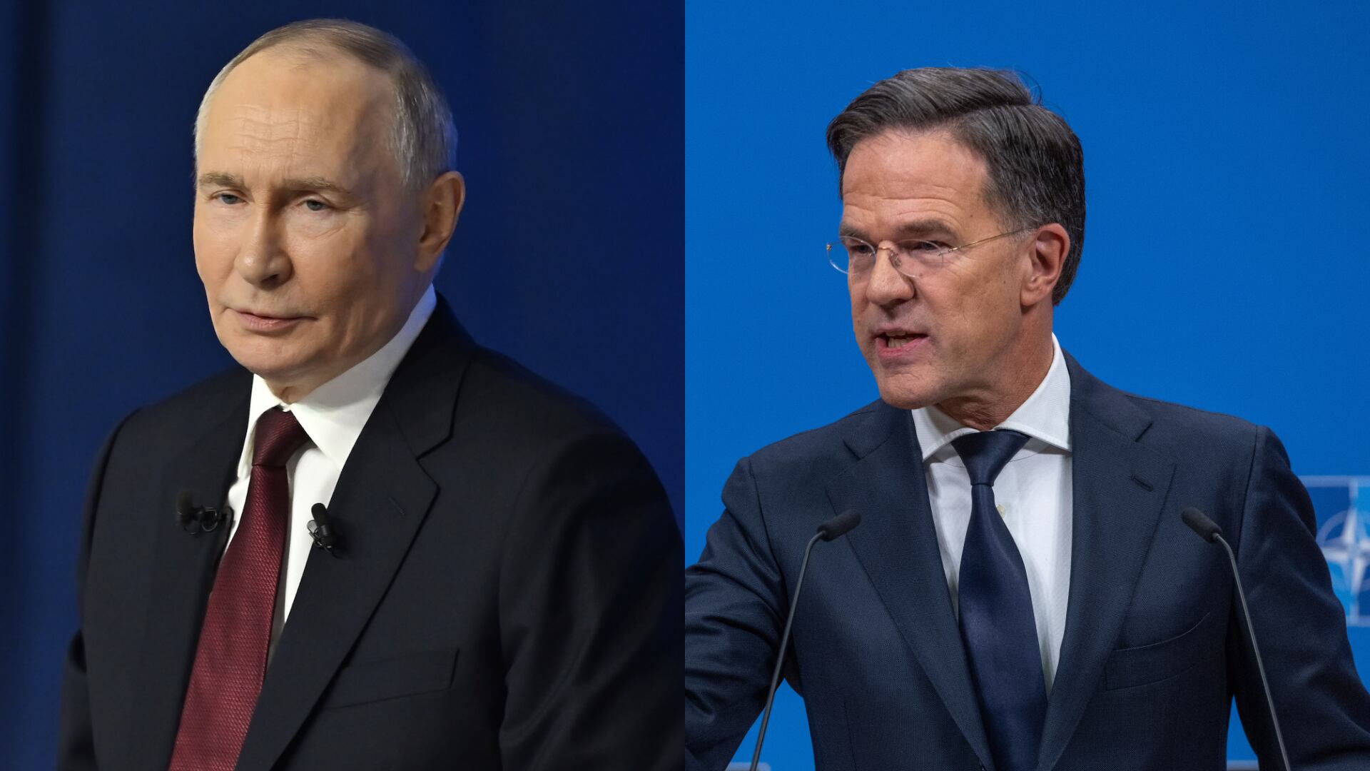 El presidente de Rusia, Vladímir Putin, y el Secretario General de la OTAN, Mark Rutte. FOTOS: Sefa Karacan y Omar Havana/Getty Images