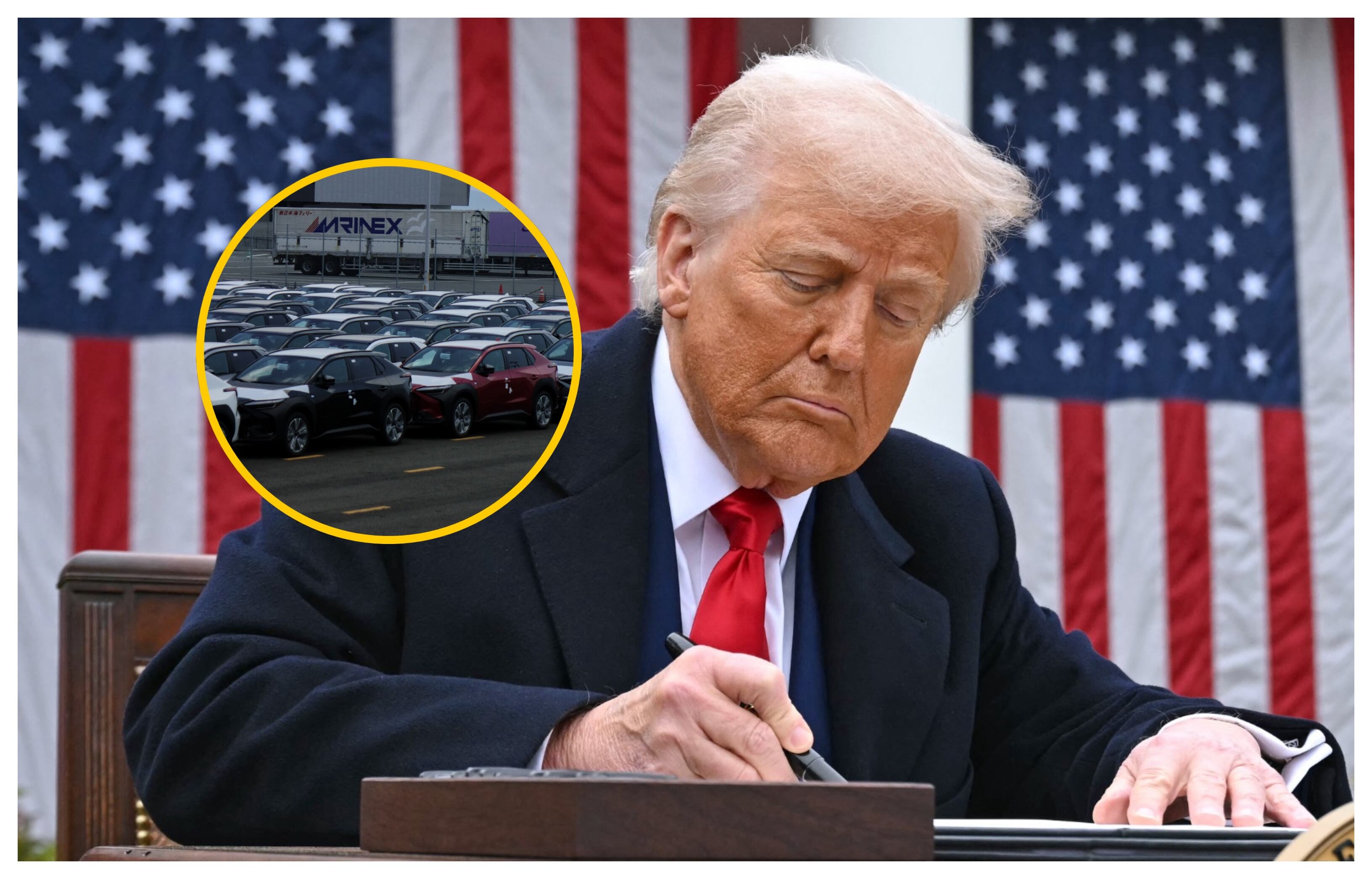 Trump y referencia de aranceles de automoviles. Foto: SAUL LOEB/AFP/ pdiamondp via Getty Images.