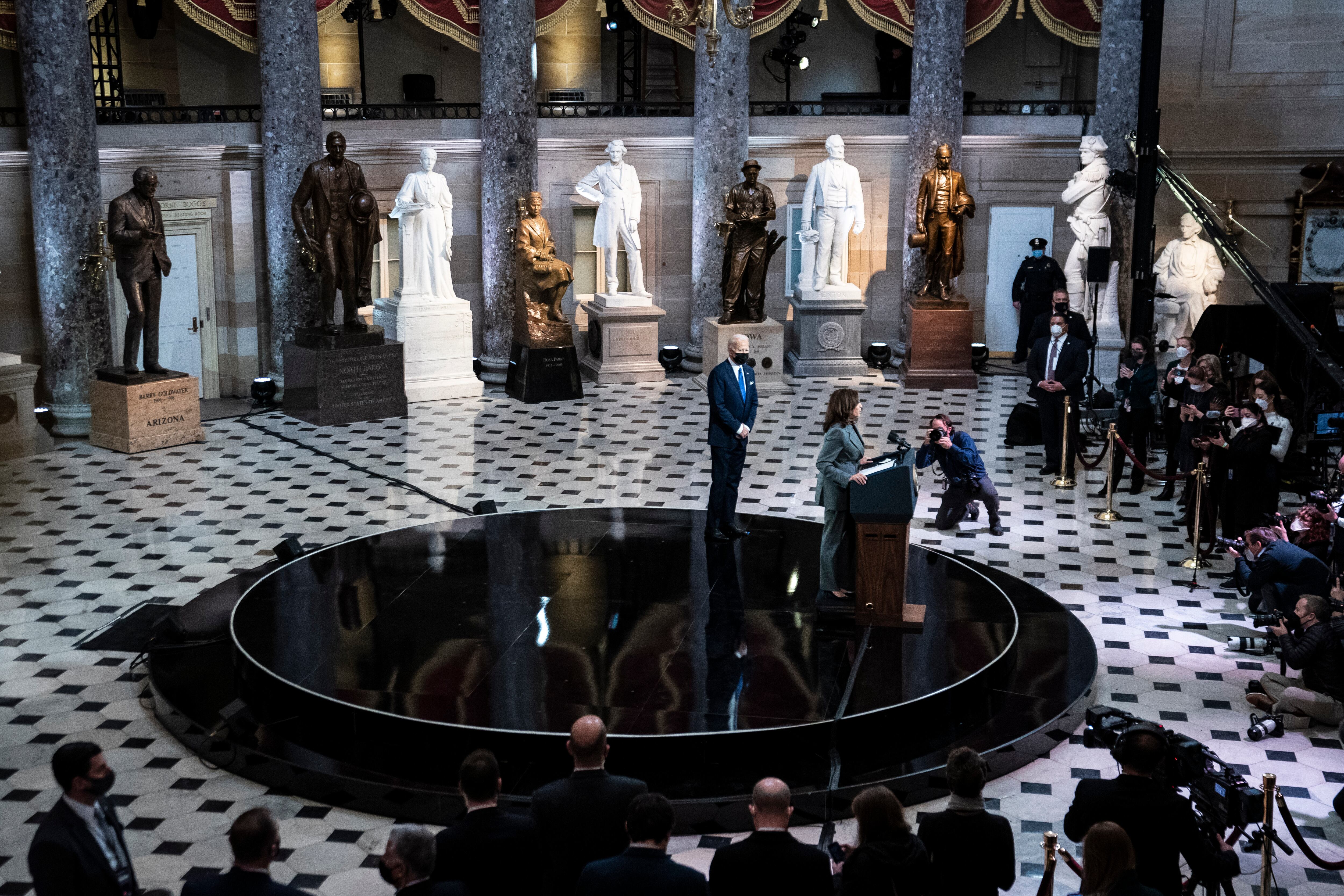 WASHINGTON, DC - JANUARY 6: President Joe Biden and Vice President Kamala Harris deliver remarks from Statuary Hall to mark the one year anniversary of the January 6th Capitol insurrection on January 6, 2022 in Washington, DC. One year ago, supporters of President Donald Trump attacked the U.S. Capitol Building in an attempt to disrupt a congressional vote to confirm the electoral college win for Joe Biden. (Photo by Jabin Botsford-Pool/Getty Images)