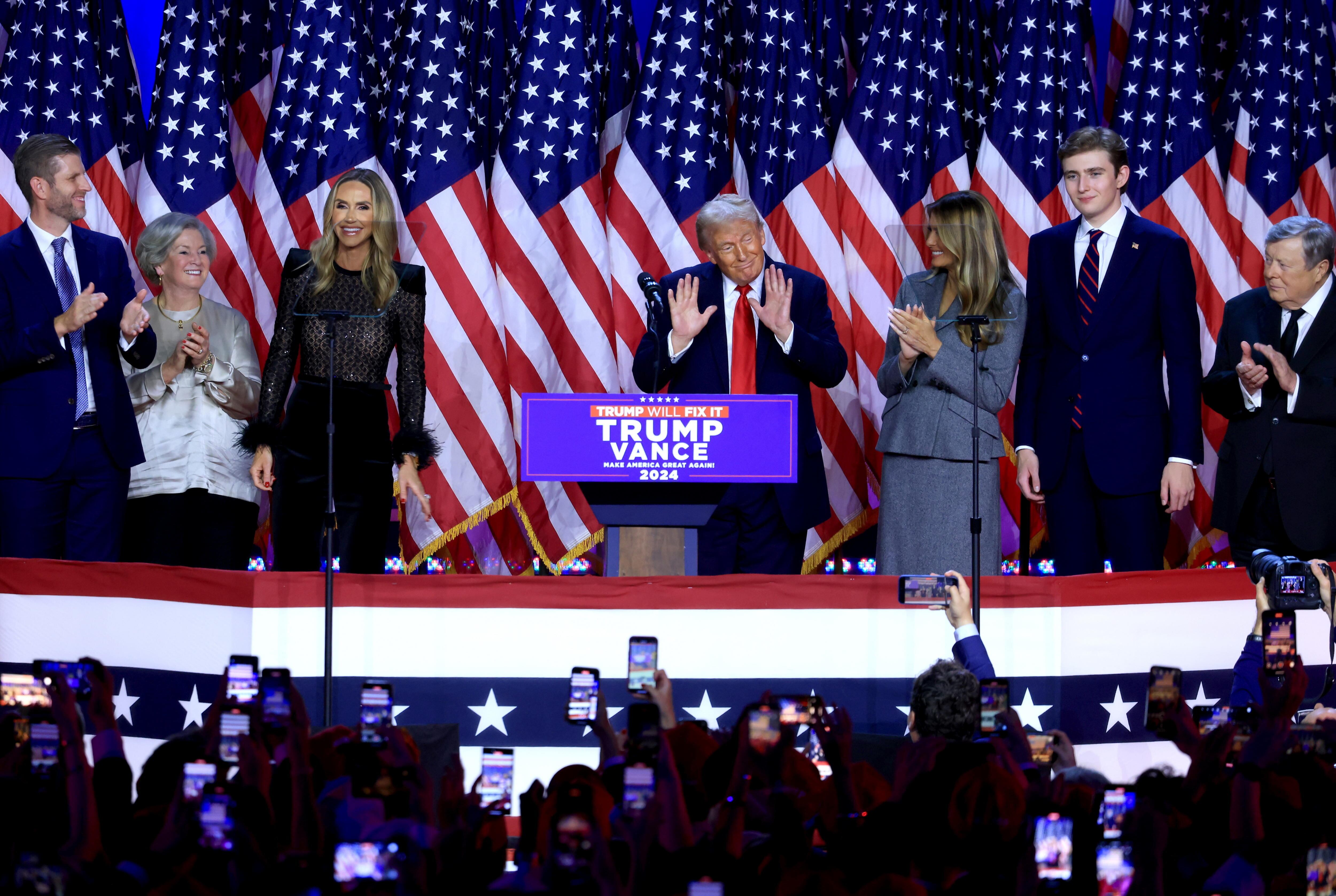 West Palm Beach (United States), 06/11/2024.- Republican presidential candidate Donald J. Trump addresses supporters at the Election Night watch party in the West Palm Beach Convention Center EFE/EPA/CRISTOBAL HERRERA-ULASHKEVICH