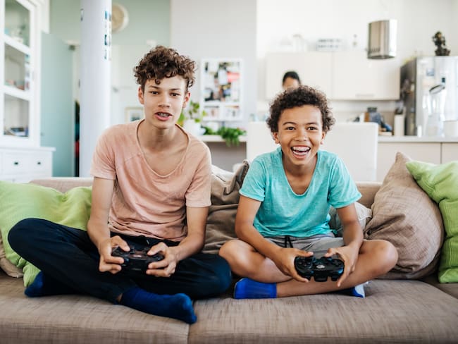 Two young brothers sitting on the couch at home, smiling while playing computer games together.