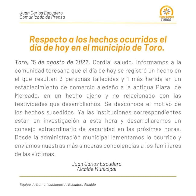 Comunicado Alcaldía Municipal Valle