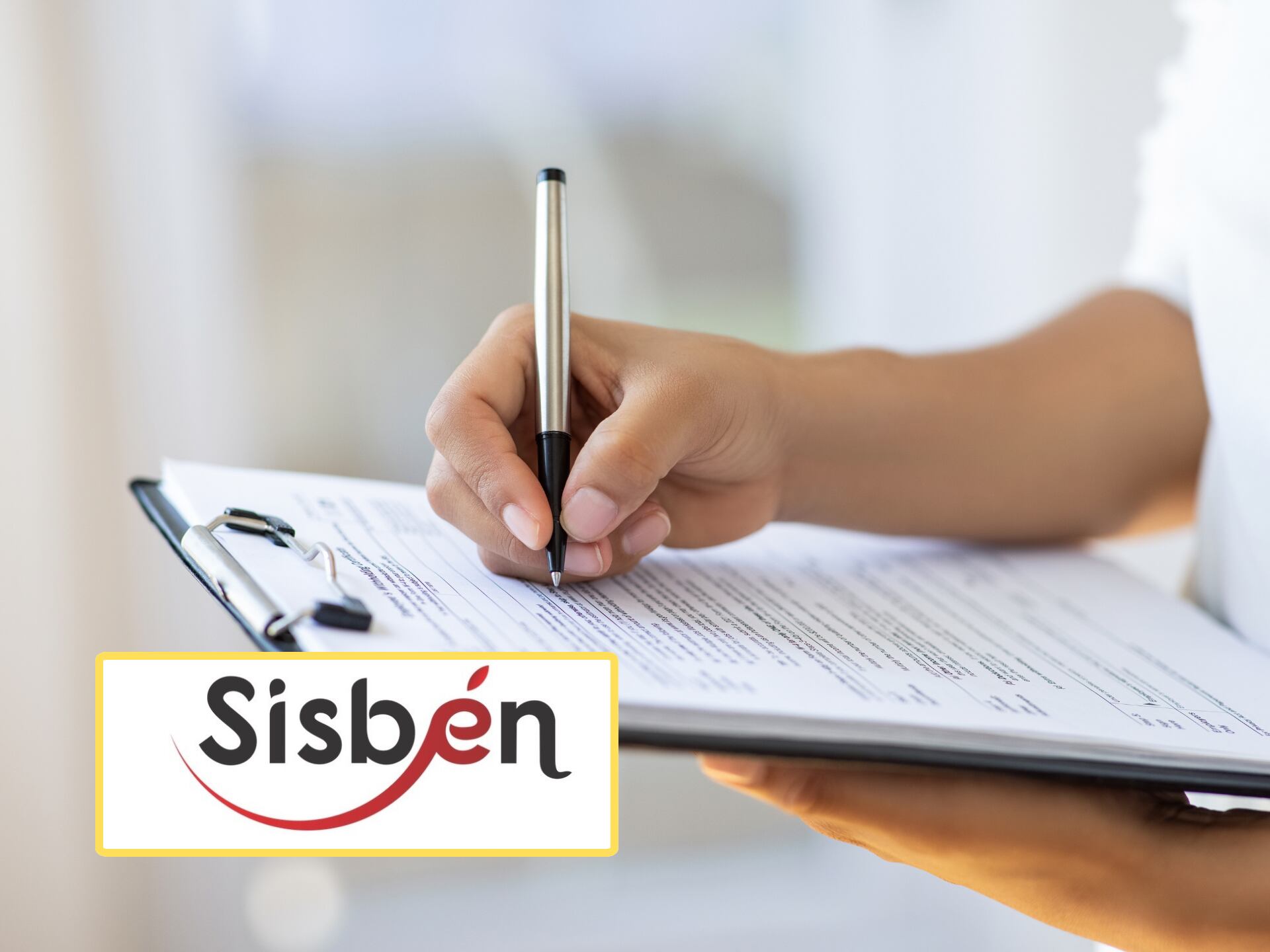 Persona haciendo una encuesta, encima el logo del Sisbén (GettyImages / redes sociales)