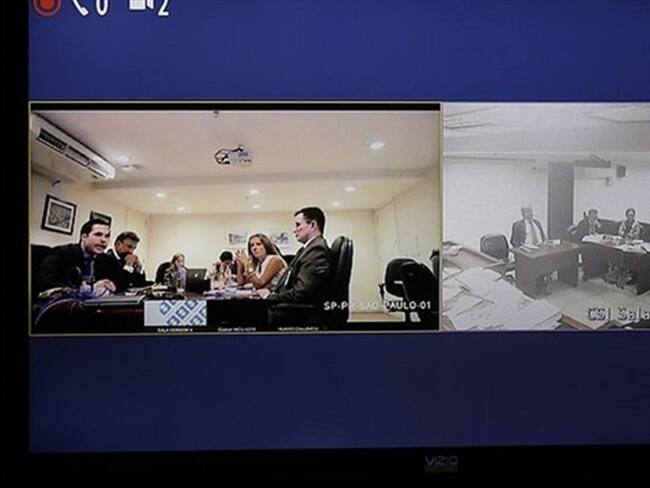 Los brasileños Luiz Antonio Bueno, Luiz Mameri, y Luiz Eduardo Da Rocha Suárez participan, vía videoconferencia, en el juicio que se sigue contra José Elías Melo por el caso Odebrecht.. Foto: Colprensa