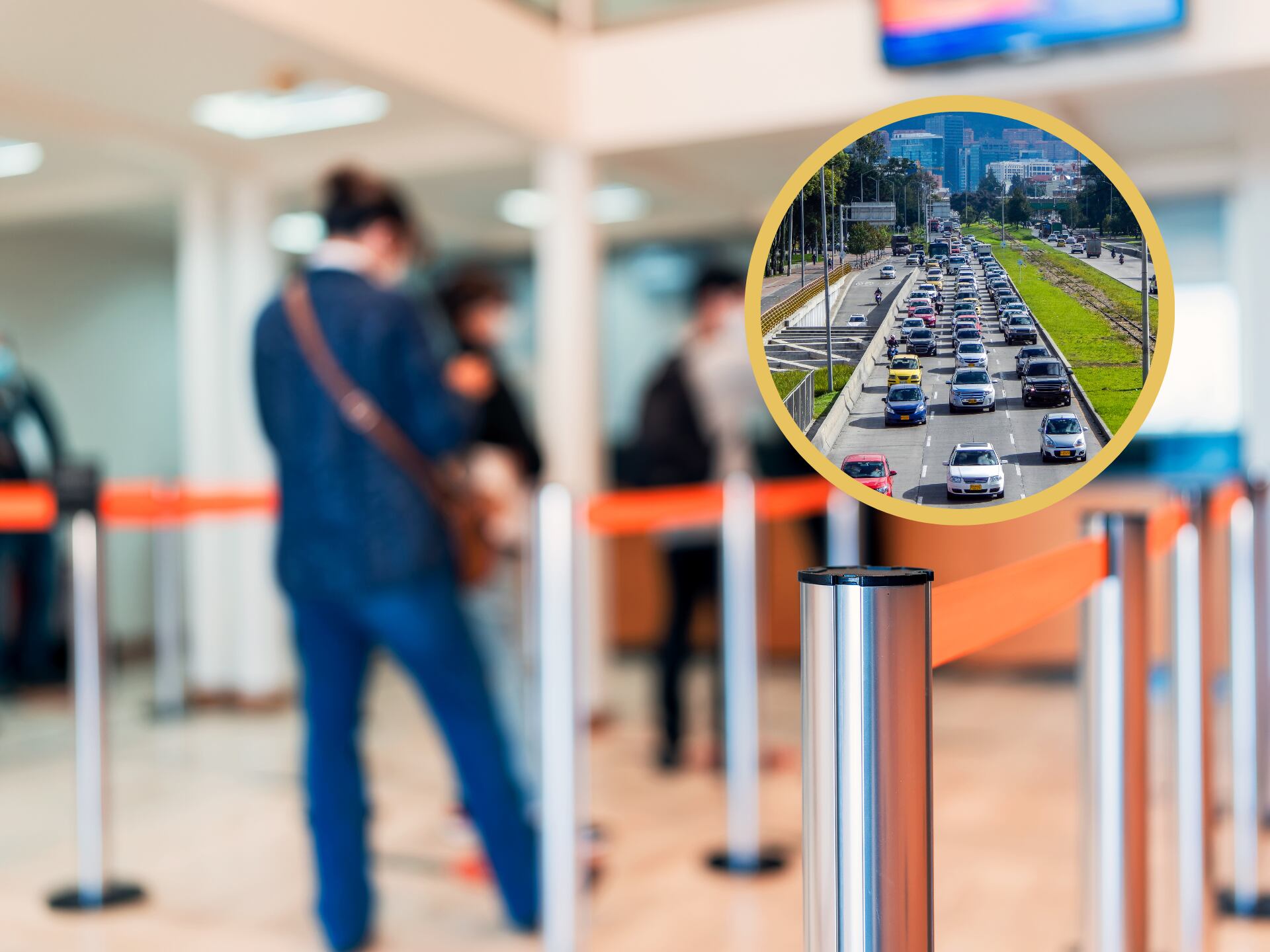 Personas haciendo fila en un banco. En el círculo, vehículos transitando en Bogotá (GettyImages)