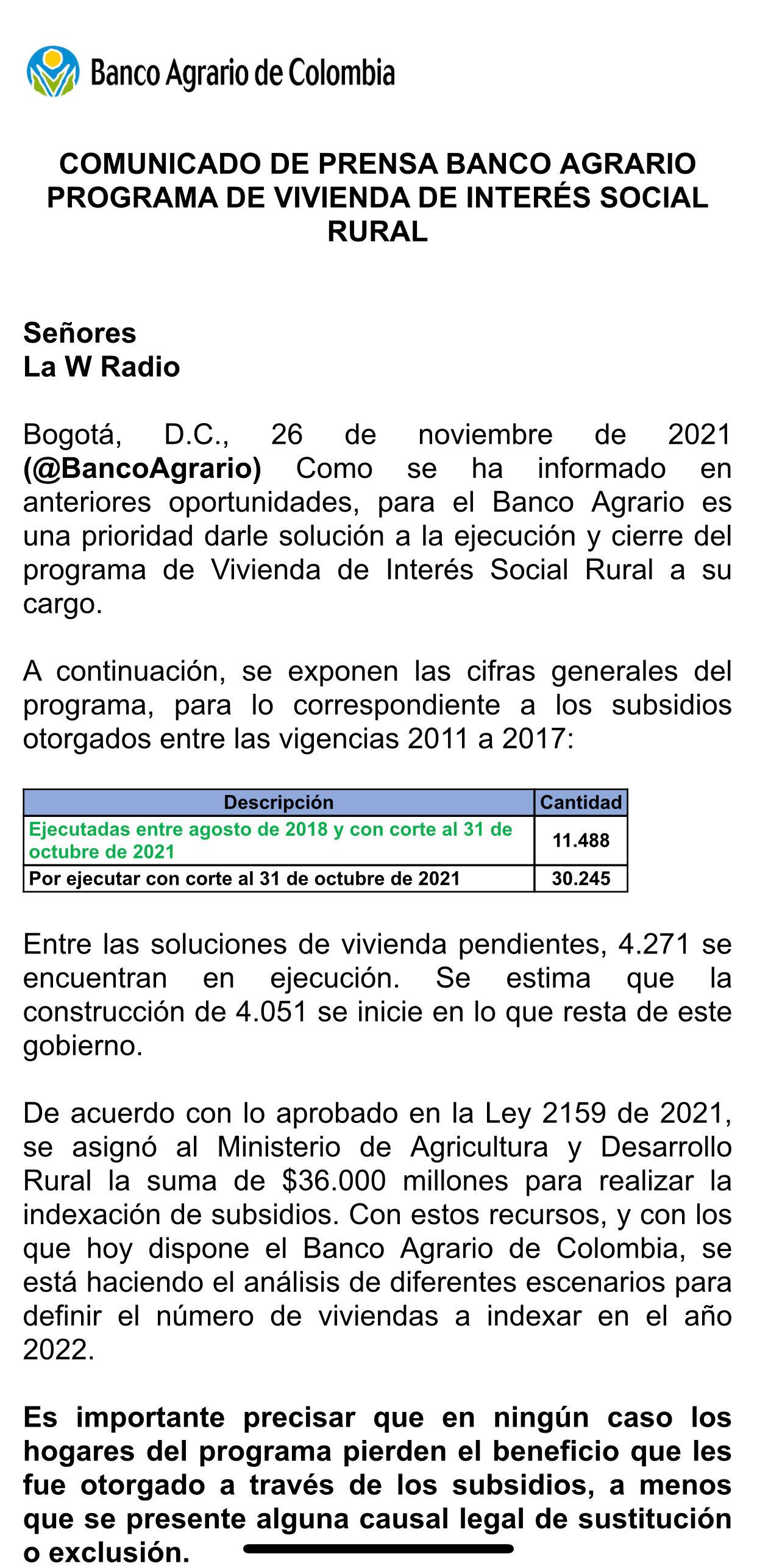 Respuesta del Ministerio de Agricultura al lío de viviendas embolatadas. Información obtenida por Mauricio Beltrán.