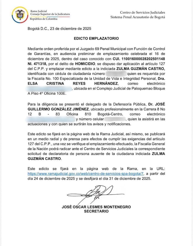 Notificación a Zulma Guzmán