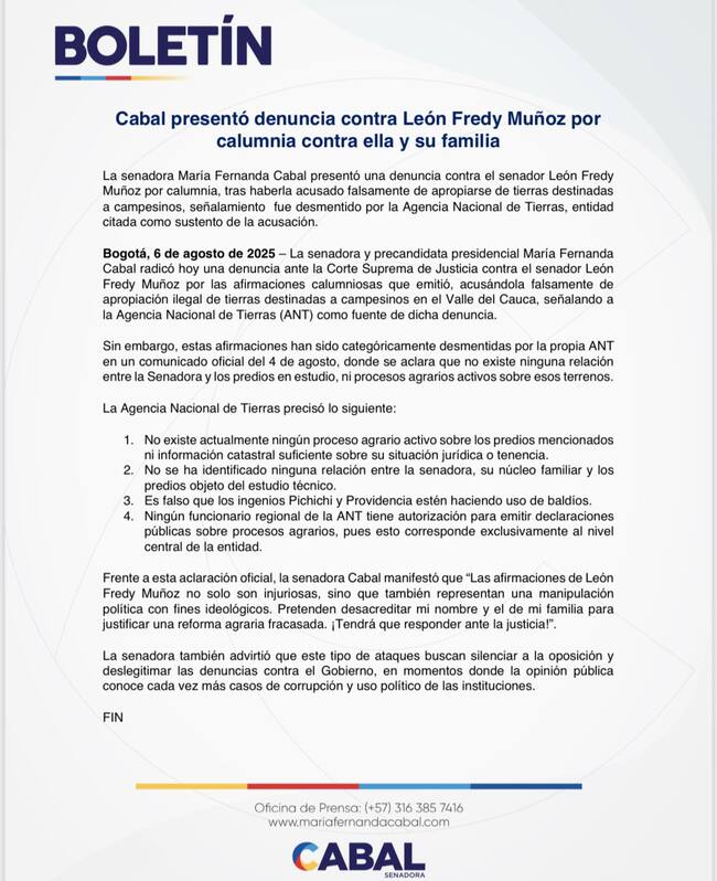 María Fernanda Cabal denunció al senador León Fredy Muñoz por calumnia: estas son las razones. Foto: suministrada.