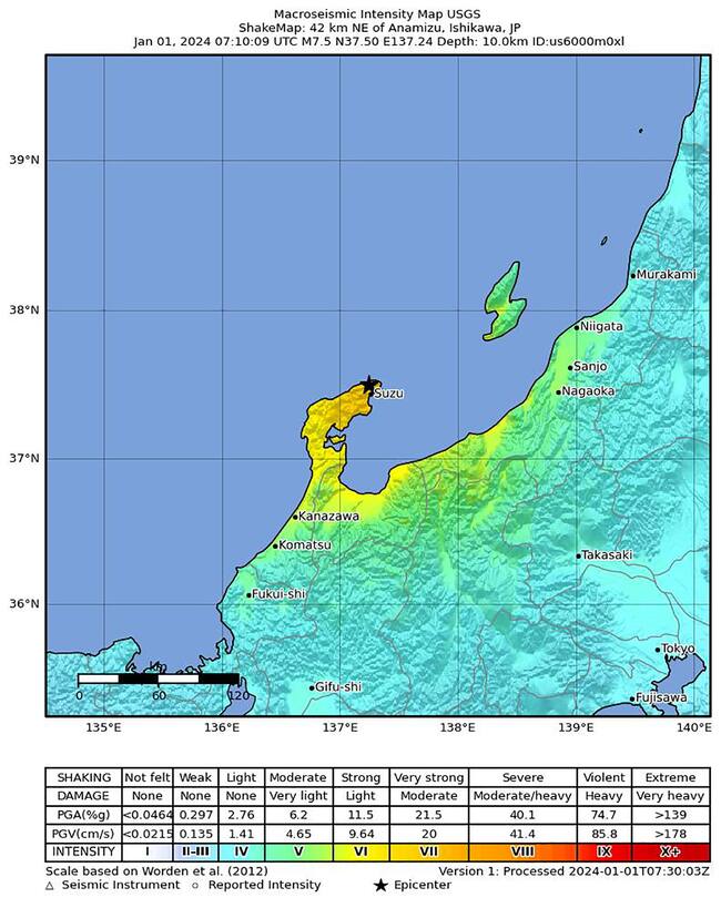 Noto Region (Japan), 01/01/2024.- A handout shakemap made available by the United States Geological Survey (USGS) shows the location of a 7.5-magnitude earthquake hitting the Noto region of Ishikawa Prefecture, central Japan, 01 January 2024. The Japan Meteorological Agency (JMA) said the depth of the epicenter was shallow and a tsunami warning was issued along the country&#039;s western coastal regions of for Ishikawa, Niigata, Toyama, Yamagata, Fukui and Hyogo. (Terremoto/sismo, Japón, Estados Unidos) EFE/EPA/USGS HANDOUT HANDOUT EDITORIAL USE ONLY/NO SALES HANDOUT EDITORIAL USE ONLY/NO SALES