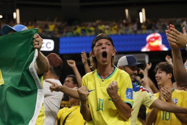 Las Vegas (United States), 29/06/2024.- Brazil fans cheer during the first half of the CONMEBOL Copa America 2024 group D soccer match between Paraguay and Brazil, in Las Vegas, Nevada, USA, 28 June 2024. (Brasil) EFE/EPA/CAROLINE BREHMAN