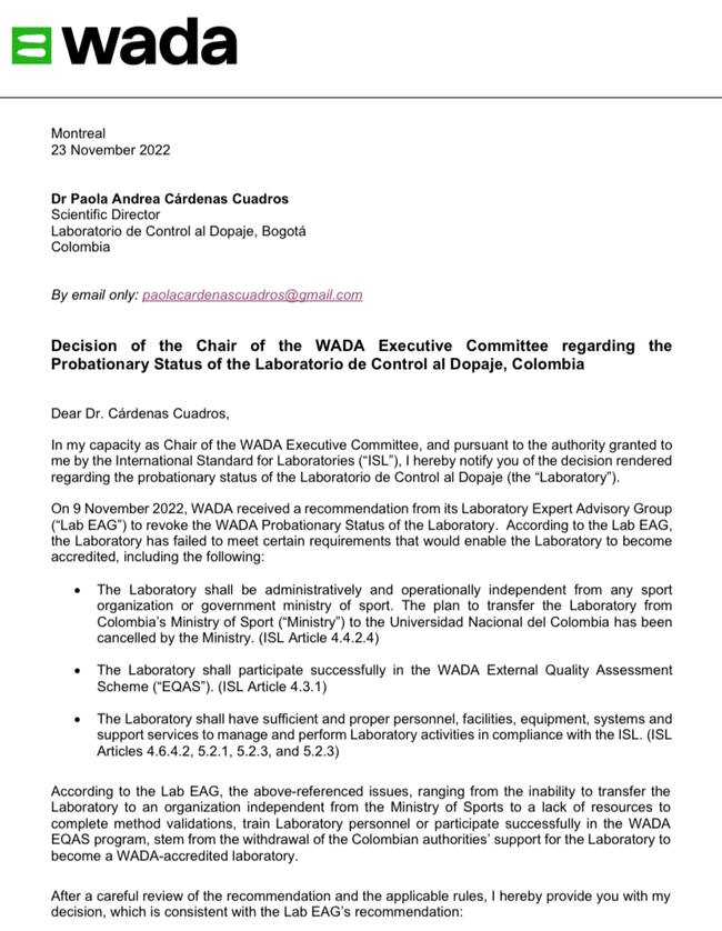 Documento firmado por Witold Banka, presidente de la Agencia Mundial Antidopaje.
