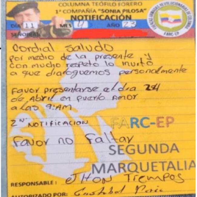 Con estos panfletos disidencias Farc extorsionan a contratistas, ganaderos y políticos