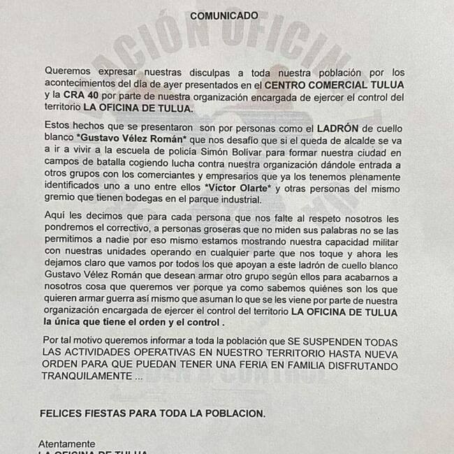 El documento señala que el ataque sicarial fue en señal de oposición a la campaña política del precandidato Gustavo Vélez Román. Foto: Cortesía.