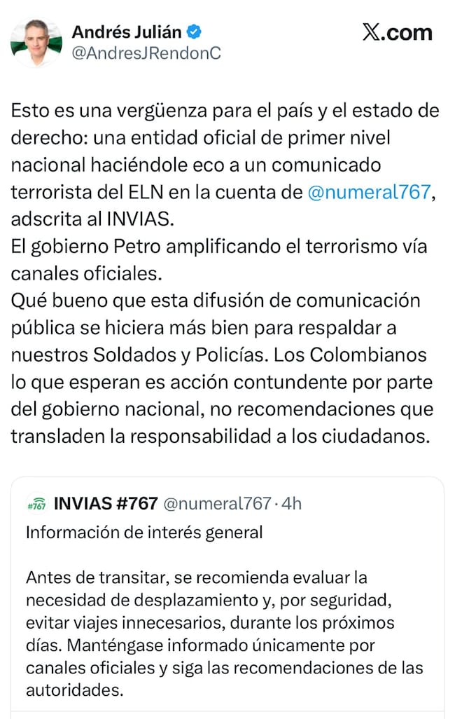 Respuesta del gobernador de Antioquia a INVÍAS