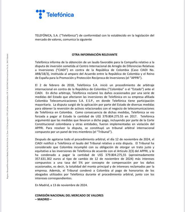 Telefónica gana un arbitraje internacional a Colombia y recibirá 357 millones de euros 2 Telefónica gana un arbitraje internacional a Colombia y recibirá 357 millones de euros
