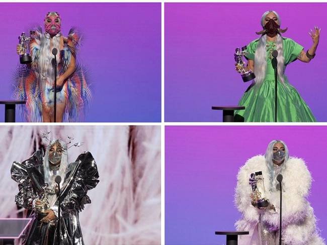 Los atuendos y tapabocas que usó Gaga durante la ceremonia. Foto: Reuters.
